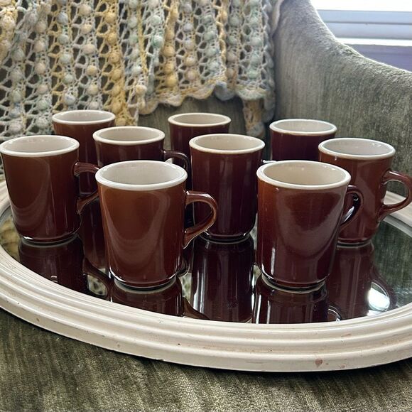 Set Of 9 Vintage REGO Coffee Mugs Brown & White Diner Classic 1½ C - Picture 9 of 9